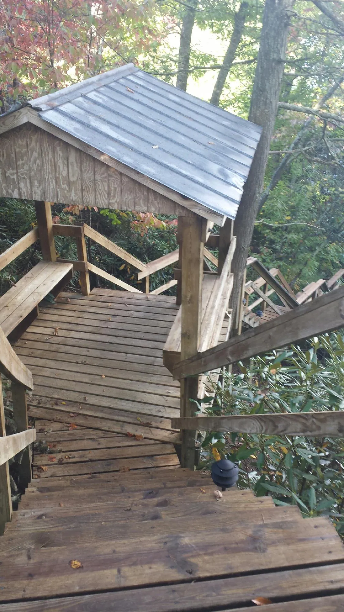 Metal roofed shelter over wooden steps on a wooded walkway — Skylight Repair & Installation work by our crew in Hacksneck